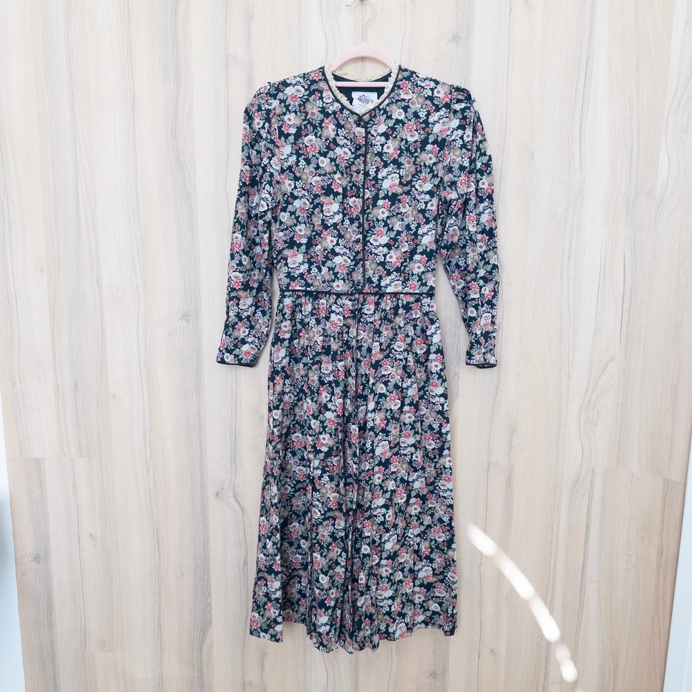 Vintage Lanz Originals Floral Dress 7/8 Black Lace Button Front Prairie Cottage
